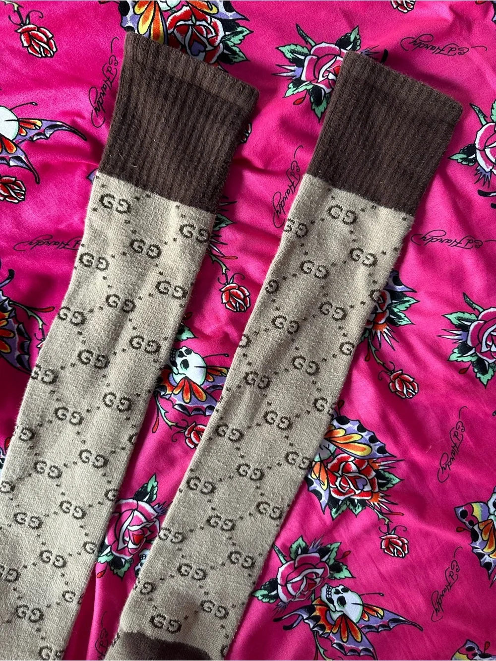 Gucci Beige & Brown Logo Knee-High Socks